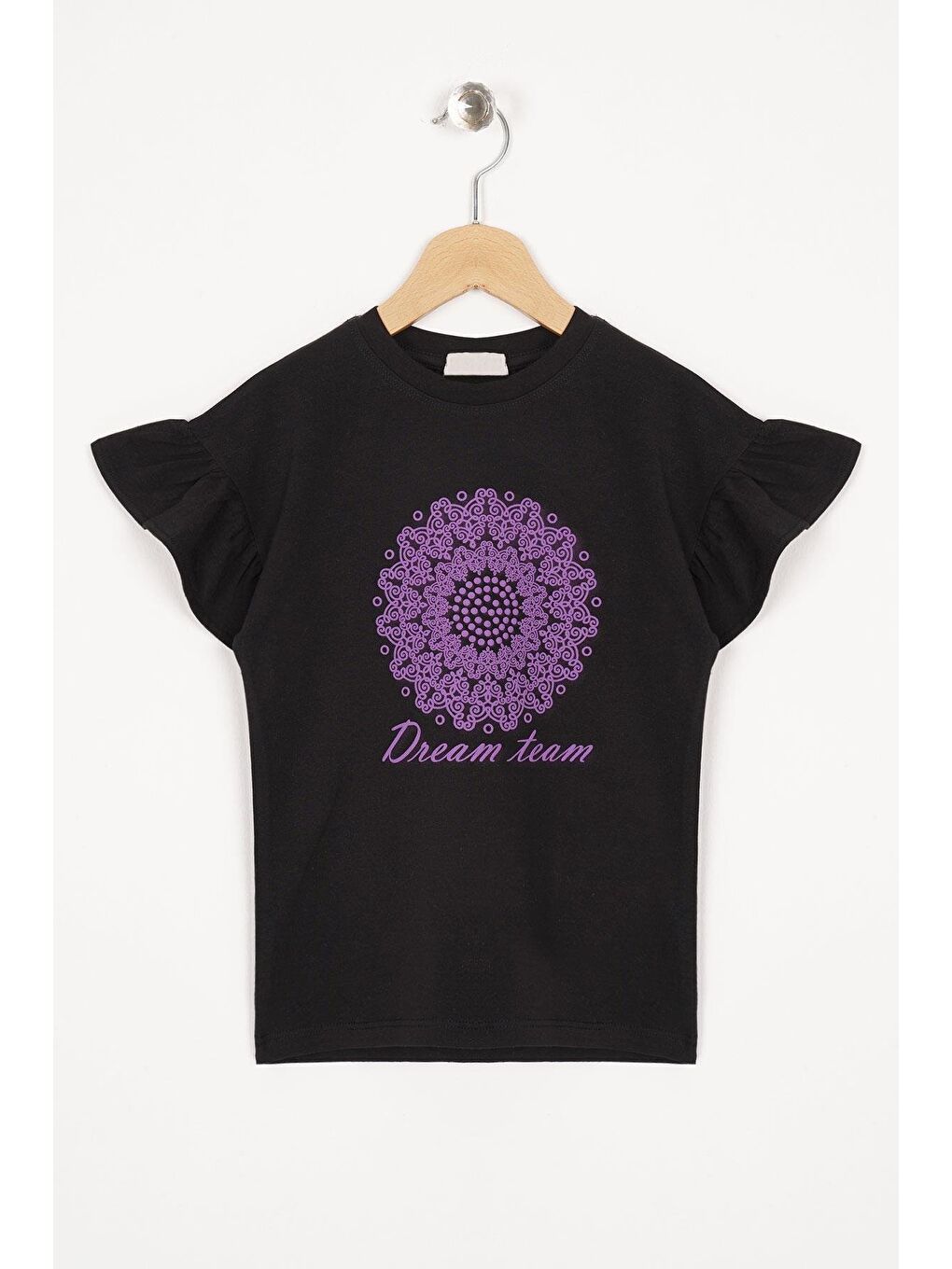 Kolları Fırfırlı Yazı Baskılı Siyah Renk Kız Çocuk Tshirt