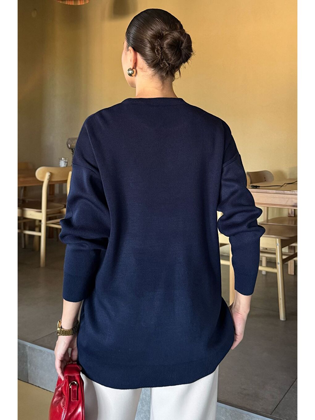 Lacivert Kalp Nakışlı Kadın Triko Kazak-3