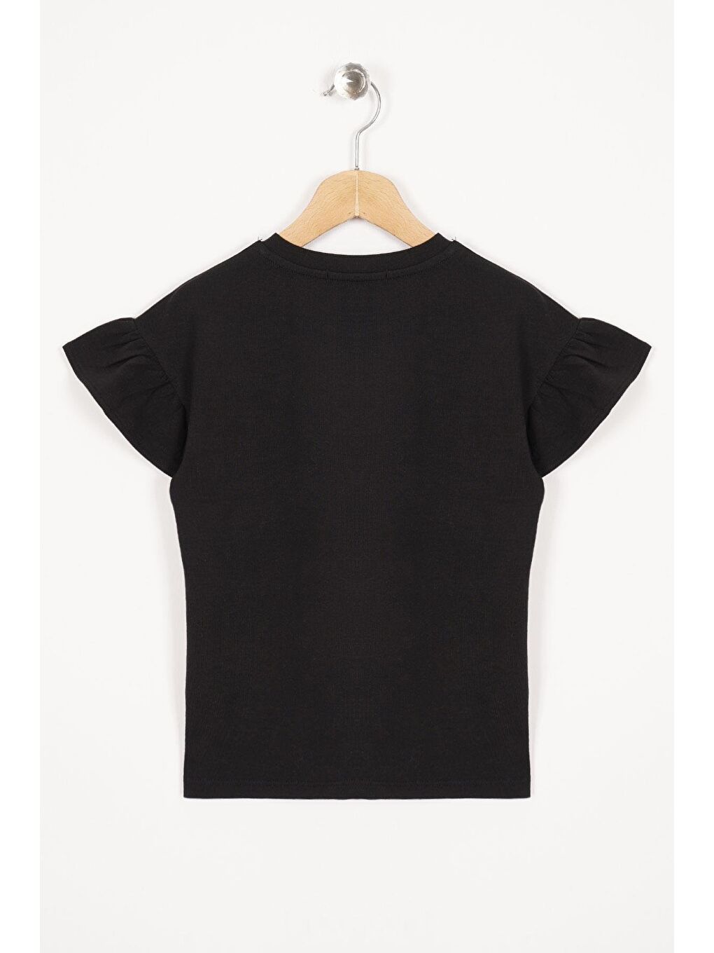 Kolları Fırfırlı Yazı Baskılı Siyah Renk Kız Çocuk Tshirt-3