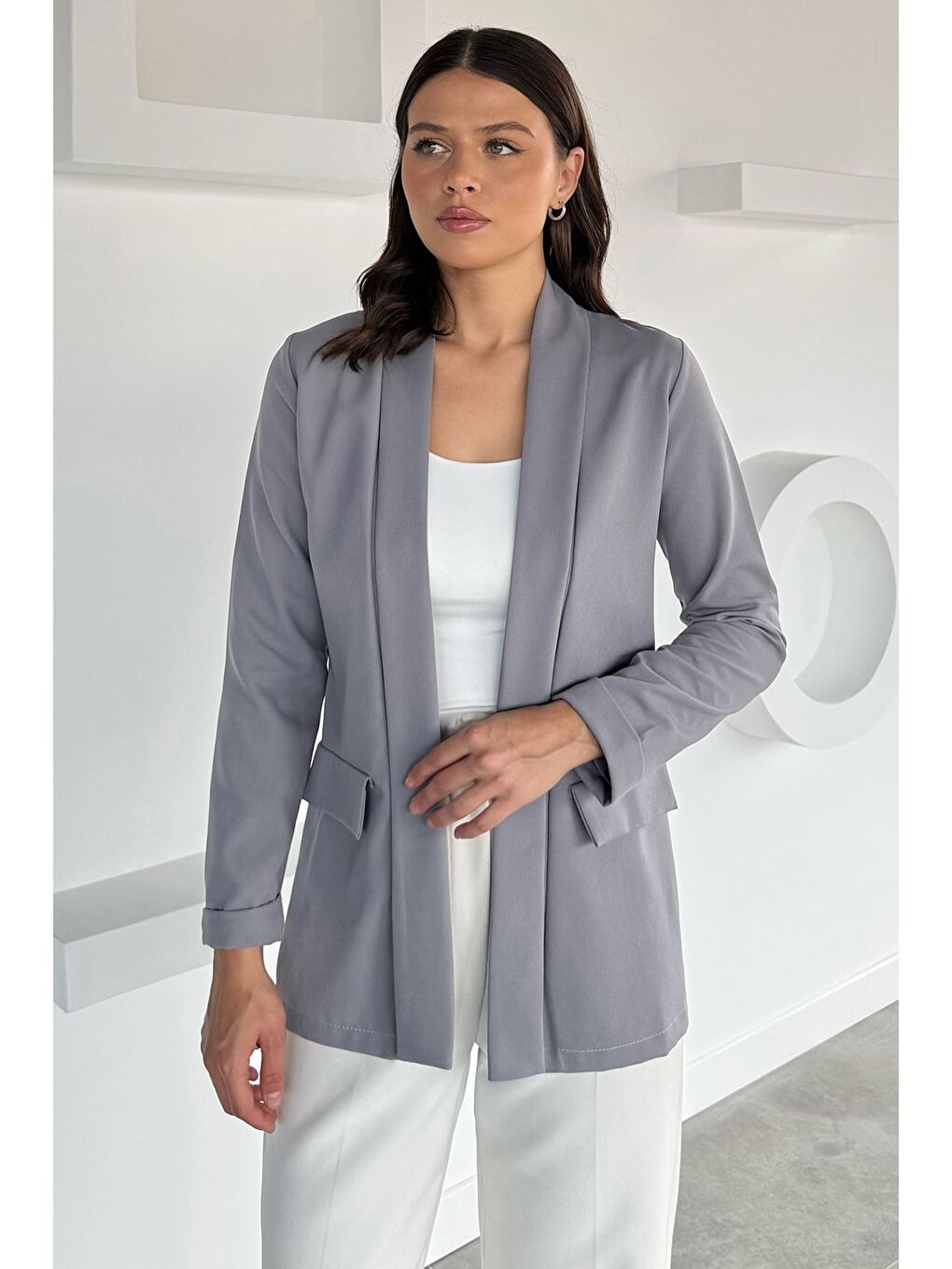 Gri Kadın Duble Kol Önü Açık Ceket