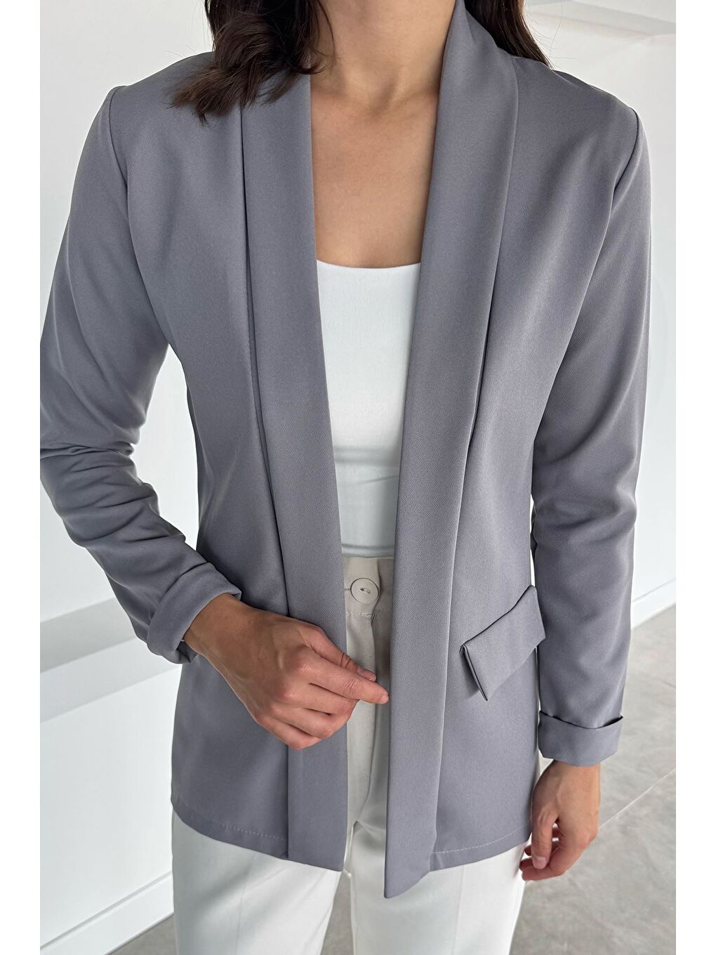 Gri Kadın Duble Kol Önü Açık Ceket-1