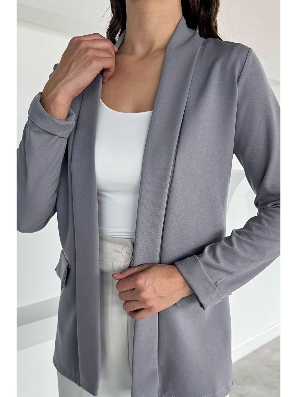 Gri Kadın Duble Kol Önü Açık Ceket-2