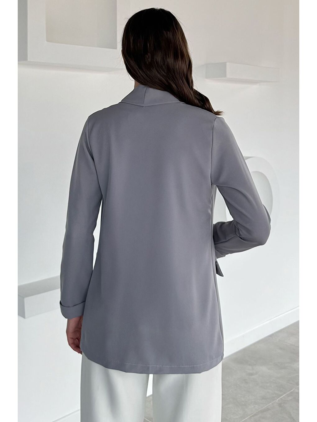 Gri Kadın Duble Kol Önü Açık Ceket-3