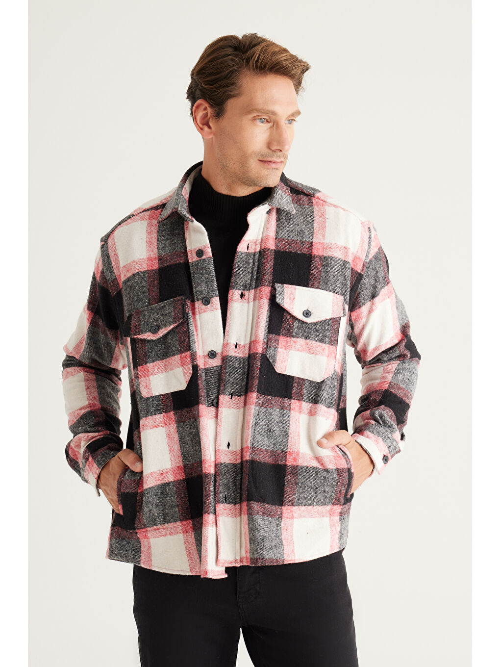 Erkek Kırmızı-Siyah Oversize Fit Geniş Kesim Düğmeli Yaka Gömlek Ceket