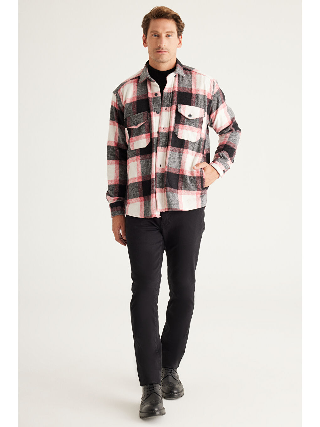 Erkek Kırmızı-Siyah Oversize Fit Geniş Kesim Düğmeli Yaka Gömlek Ceket-1