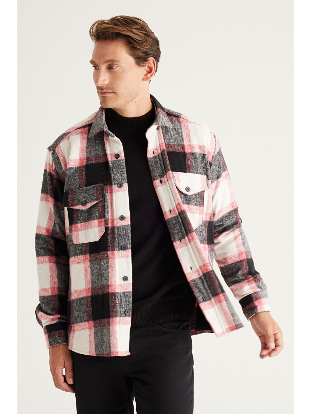 Erkek Kırmızı-Siyah Oversize Fit Geniş Kesim Düğmeli Yaka Gömlek Ceket-2