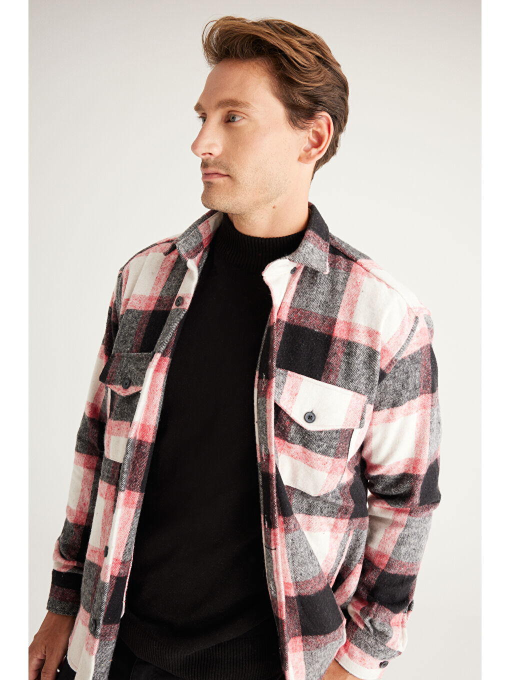 Erkek Kırmızı-Siyah Oversize Fit Geniş Kesim Düğmeli Yaka Gömlek Ceket-3