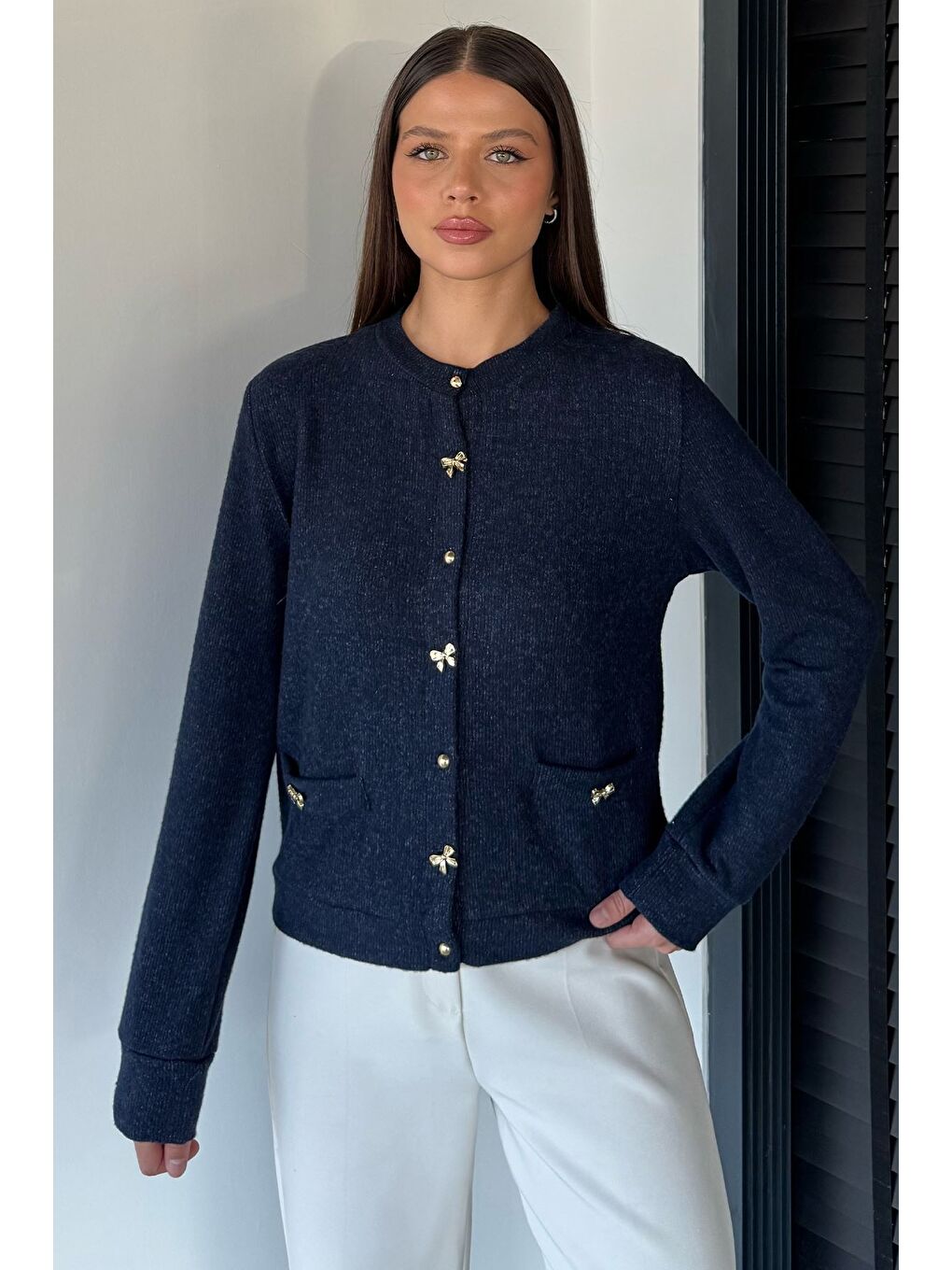 Lacivert Kadın Fiyonk Düğmeli Triko Hırka-3