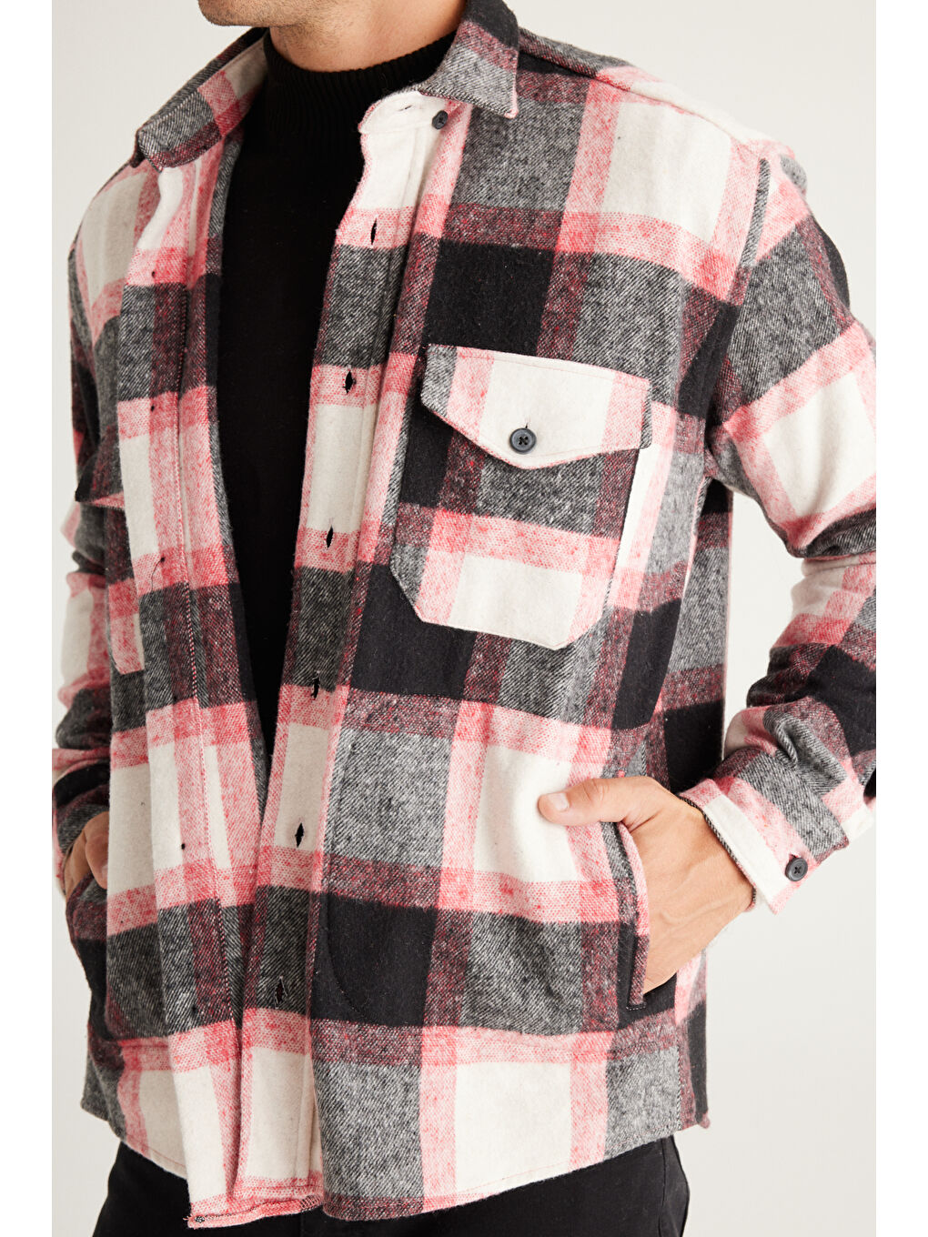 Erkek Kırmızı-Siyah Oversize Fit Geniş Kesim Düğmeli Yaka Gömlek Ceket-4