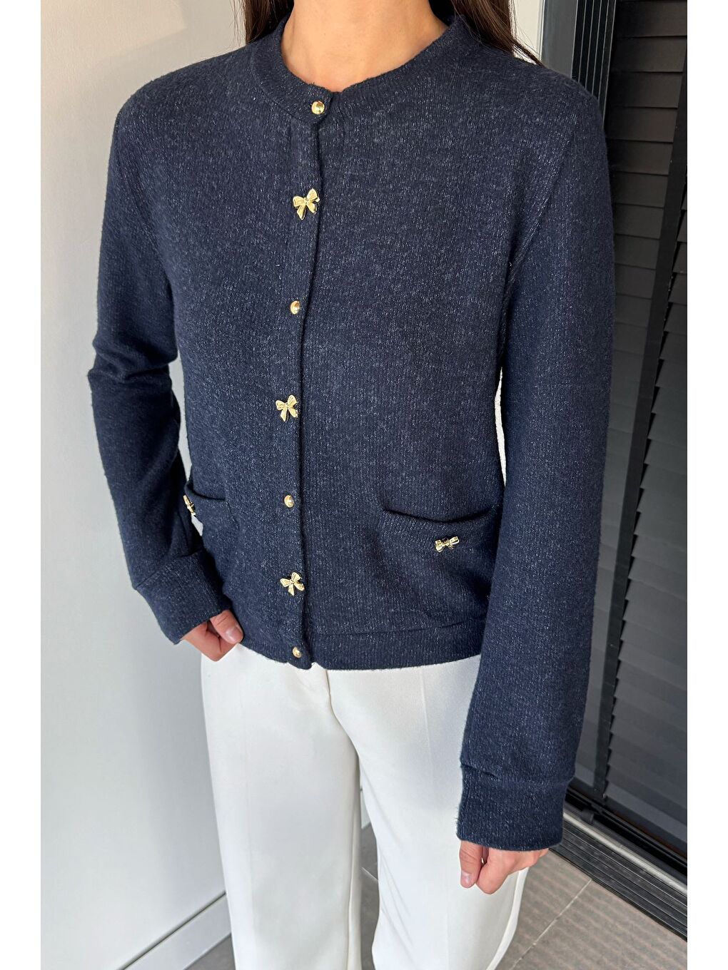 Lacivert Kadın Fiyonk Düğmeli Triko Hırka-4