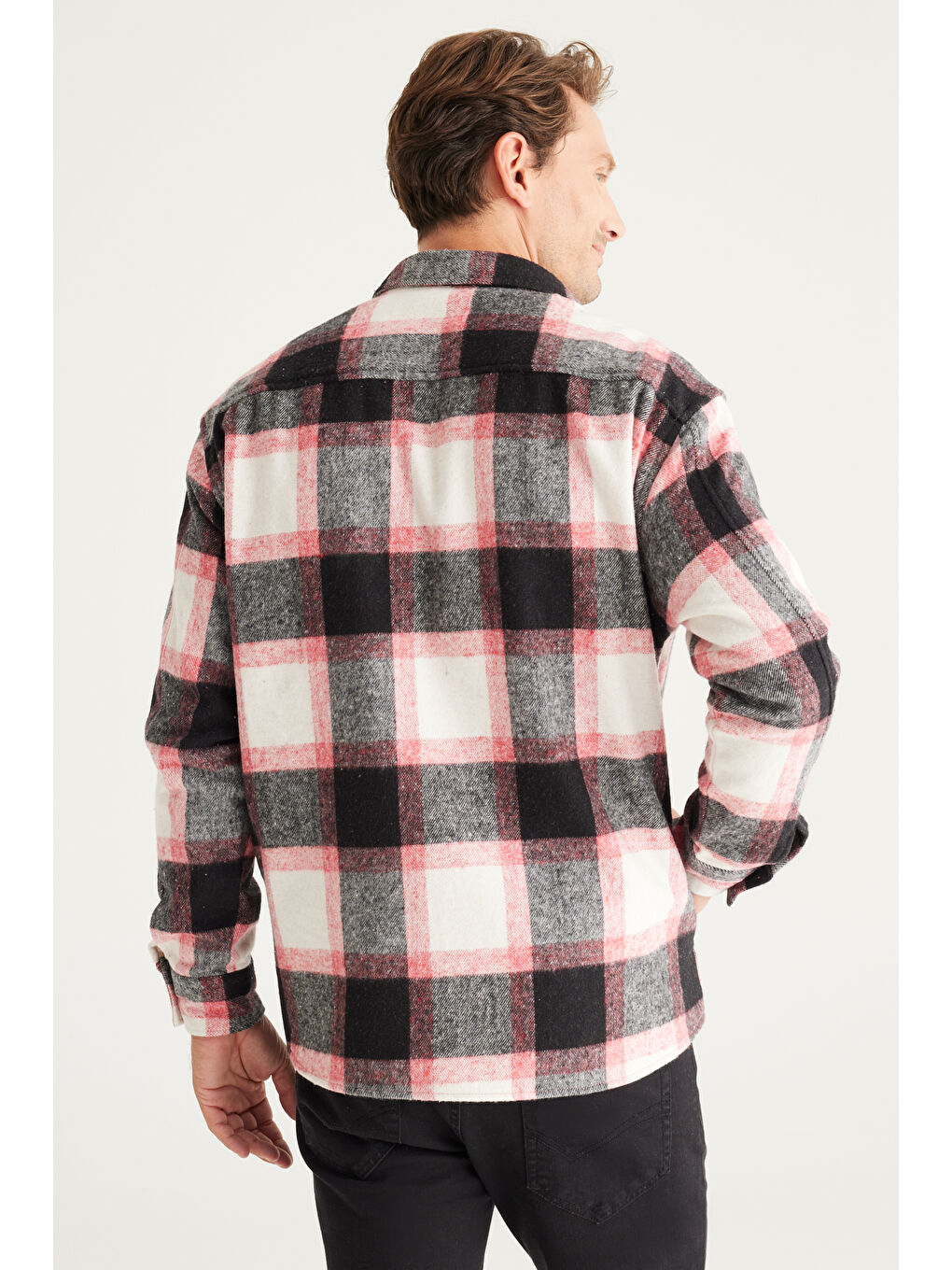 Erkek Kırmızı-Siyah Oversize Fit Geniş Kesim Düğmeli Yaka Gömlek Ceket-5