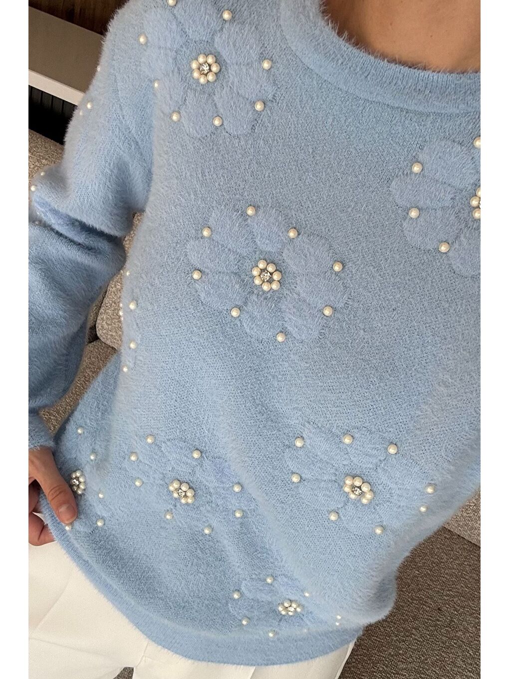 Mavi Kadın Çiçek Baskılı Taşlı Sakallı Triko Kazak (s-m-l Beden Uyumludur.)-2