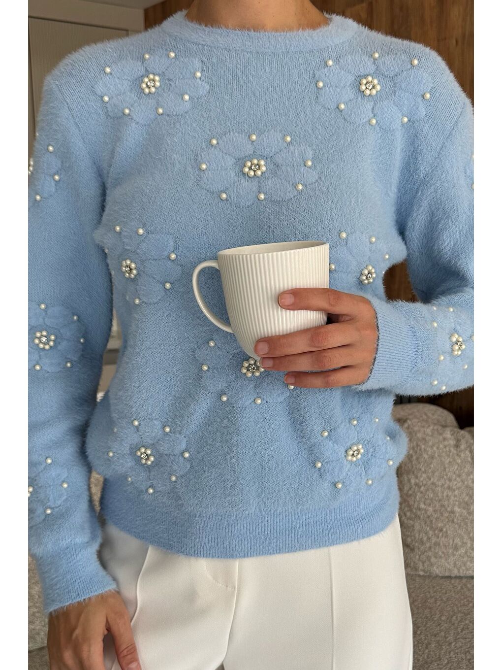 Mavi Kadın Çiçek Baskılı Taşlı Sakallı Triko Kazak (s-m-l Beden Uyumludur.)-3