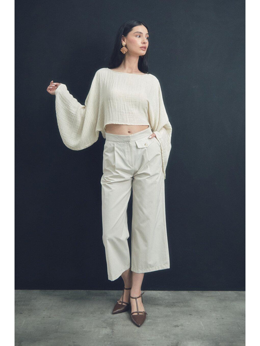 Bej Cepli Yüksek Bel Culotte Pantolon-2
