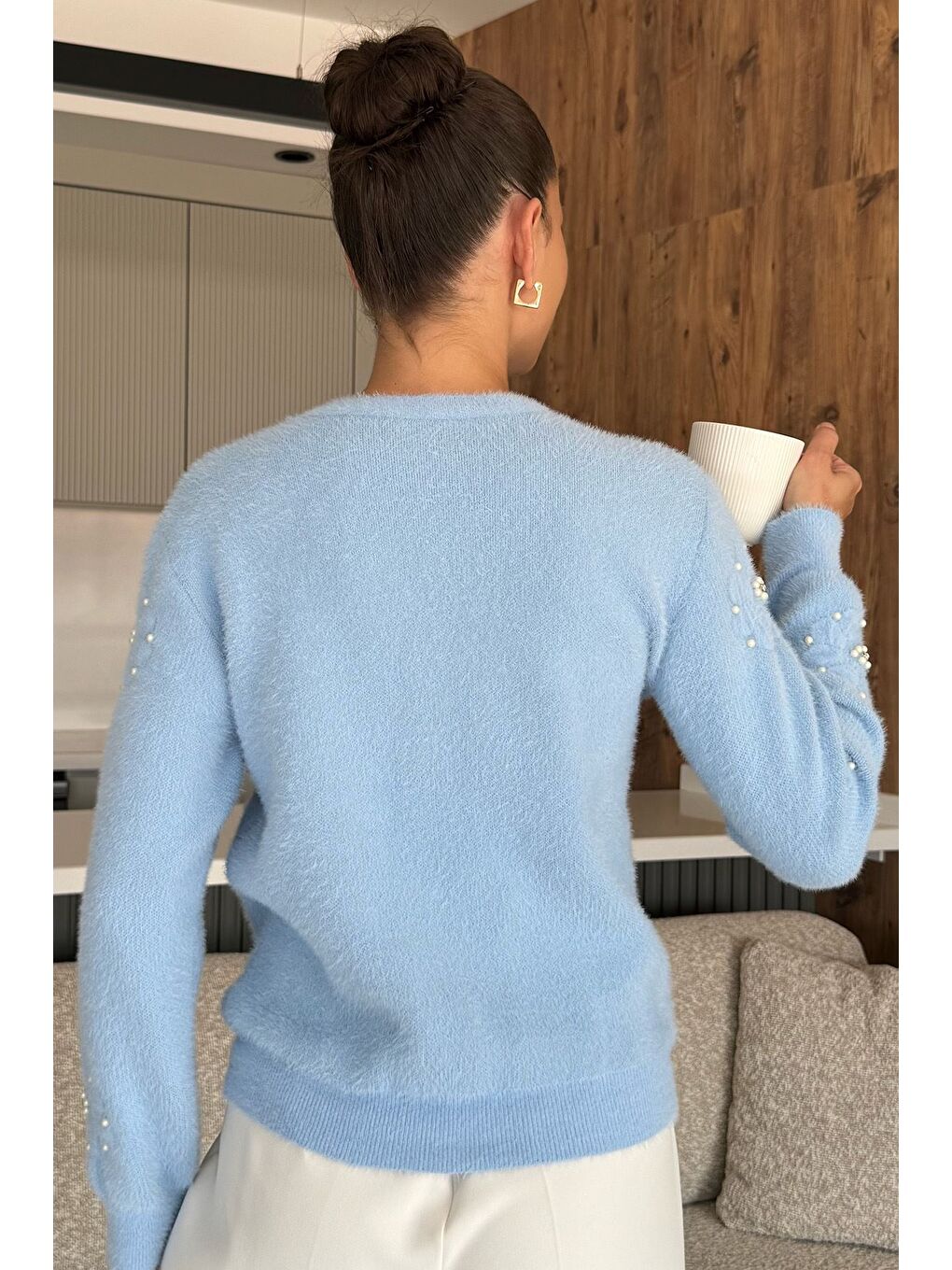 Mavi Kadın Çiçek Baskılı Taşlı Sakallı Triko Kazak (s-m-l Beden Uyumludur.)-4