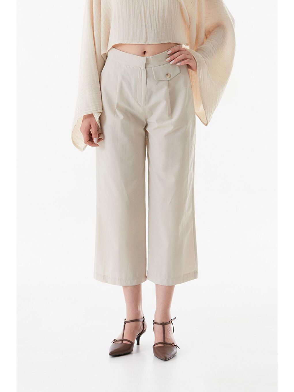 Bej Cepli Yüksek Bel Culotte Pantolon-4