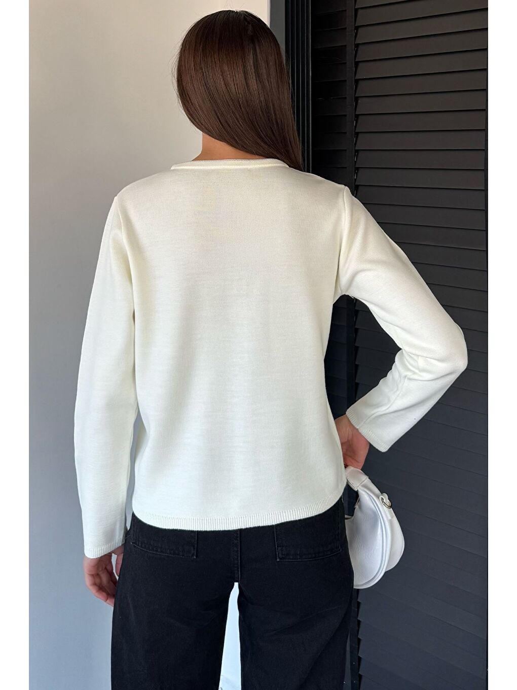 Ekru Kadın Düğme Detaylı Triko Ceket-6