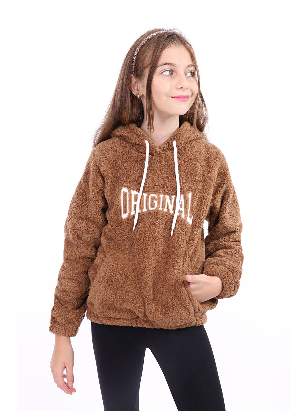Kahverengi Kız Çocuk Nakışlı Sweatshirt