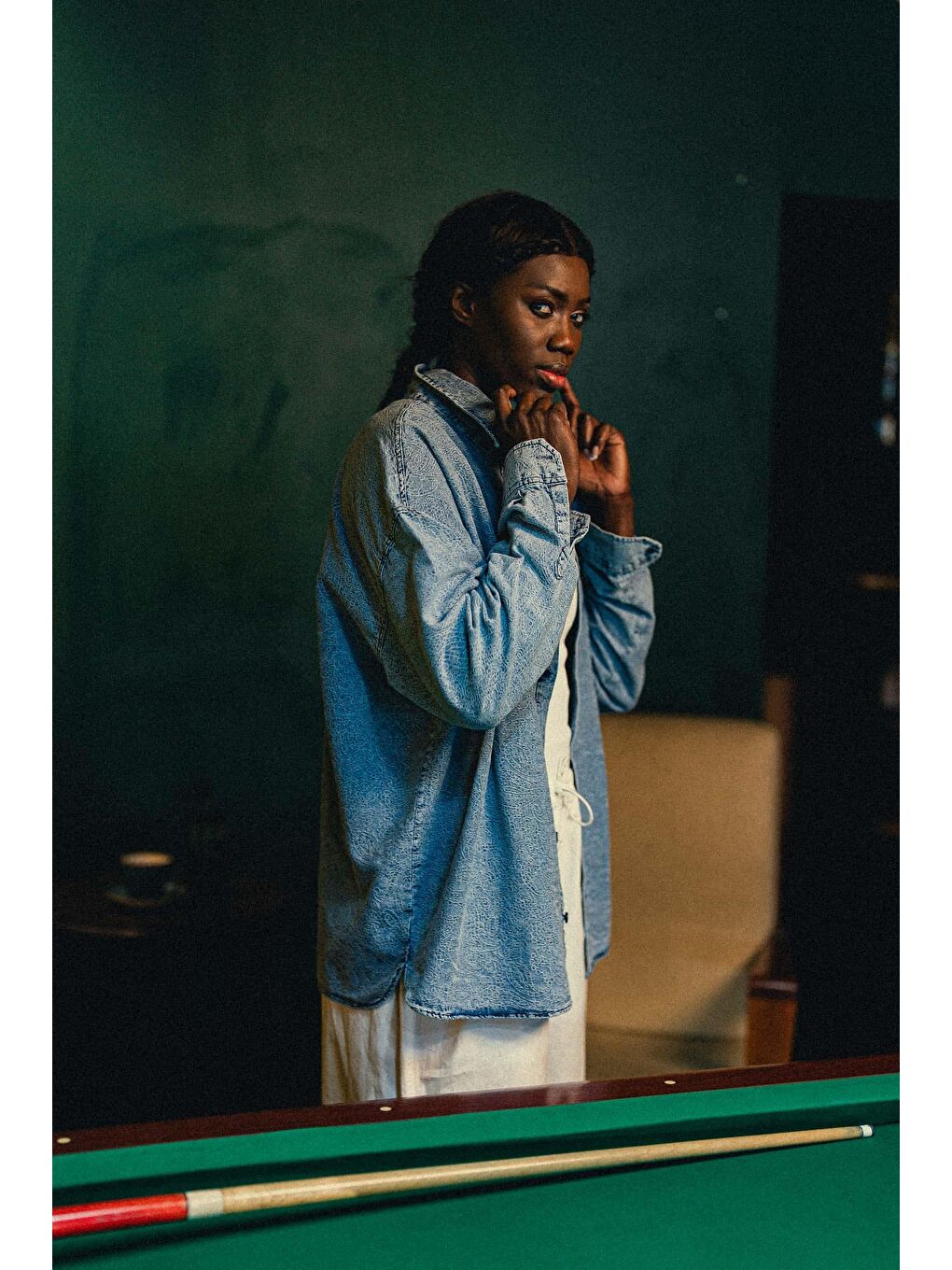 Kadın Denim Görünümlü Desenli Regular Fit Gömlek Mavi-4