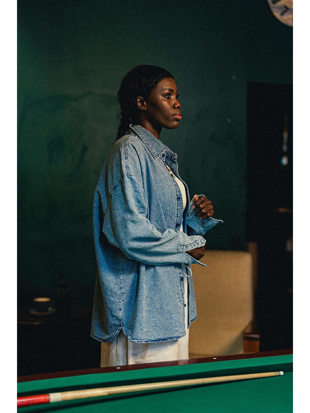 Kadın Denim Görünümlü Desenli Regular Fit Gömlek Mavi-6