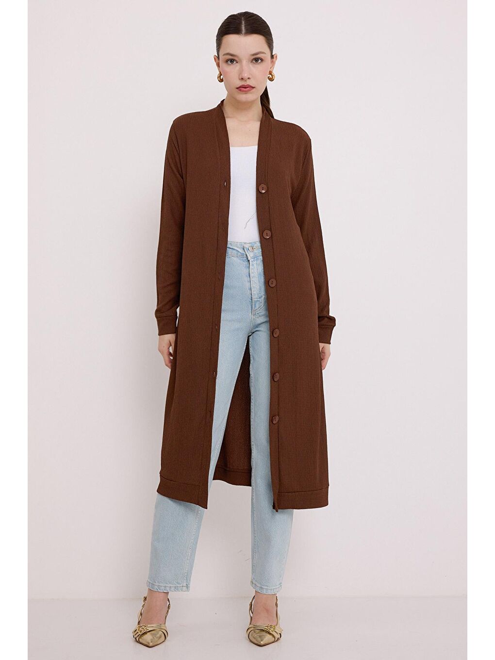 Kadın Kahverengi Düğmeli Uzun Tesettür Hırka 5922