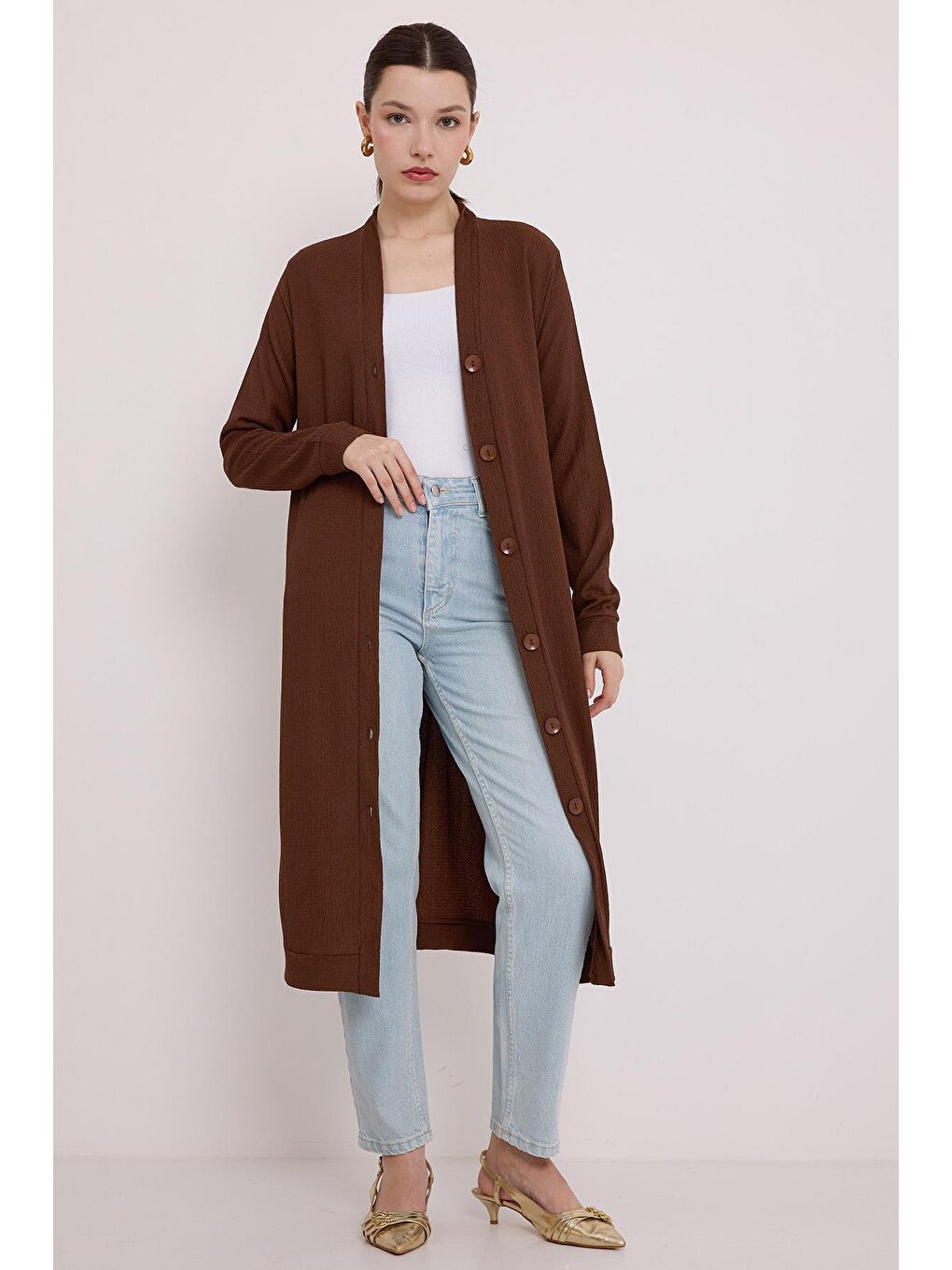 Kadın Kahverengi Düğmeli Uzun Tesettür Hırka 5922-1