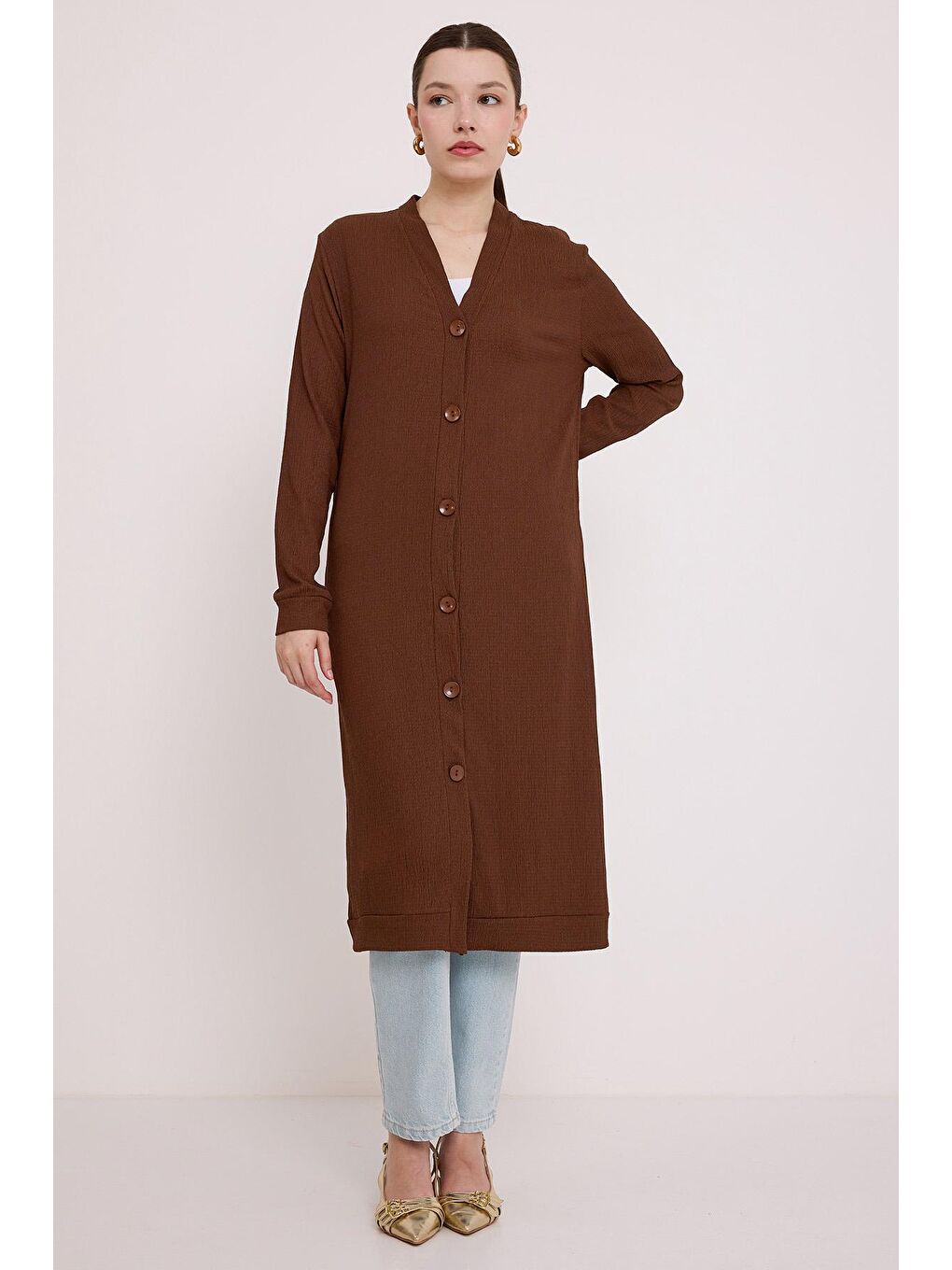 Kadın Kahverengi Düğmeli Uzun Tesettür Hırka 5922-2