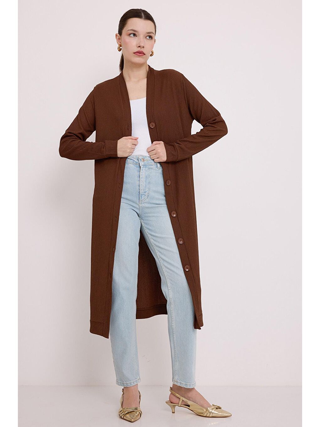 Kadın Kahverengi Düğmeli Uzun Tesettür Hırka 5922-3