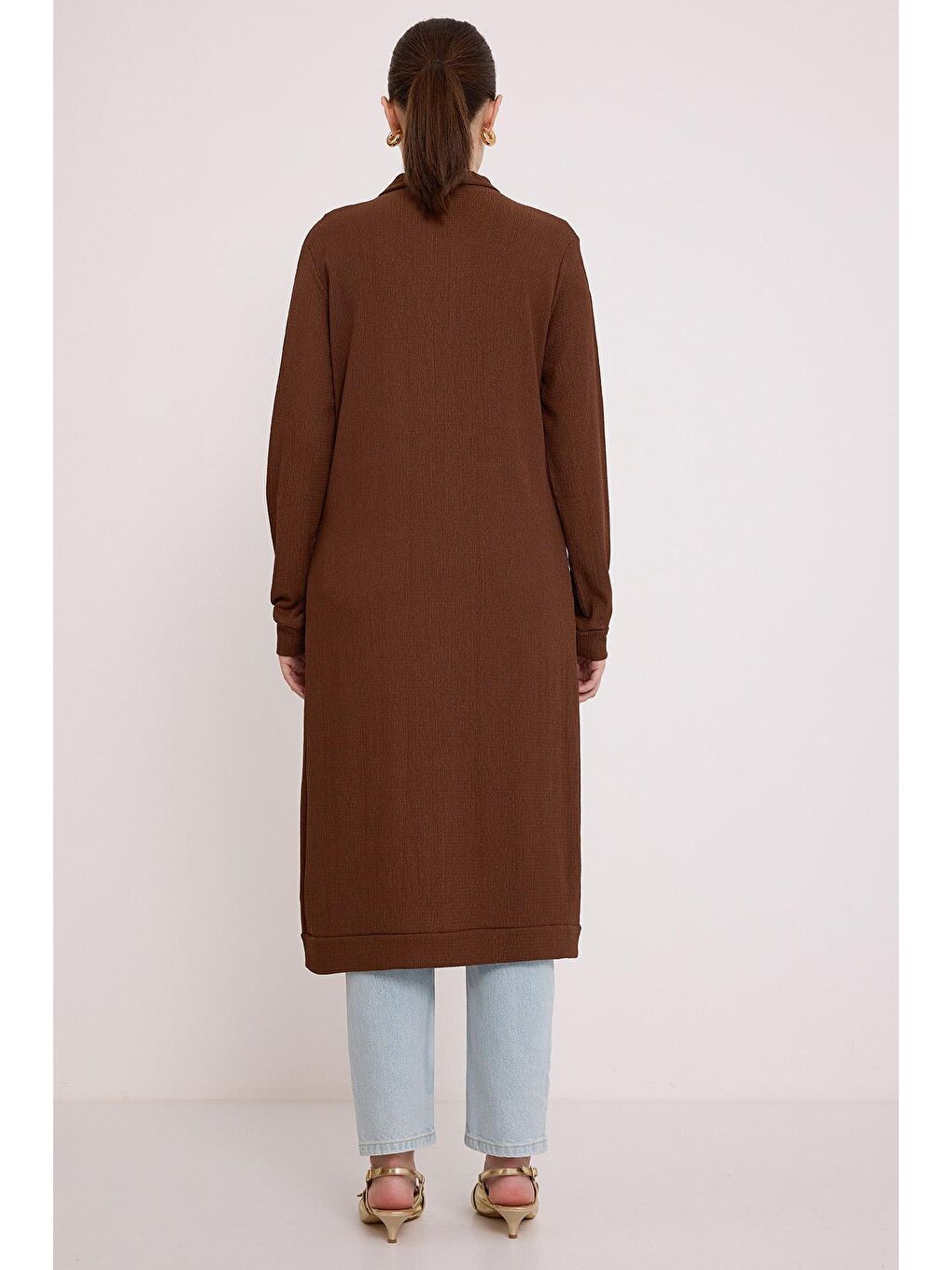 Kadın Kahverengi Düğmeli Uzun Tesettür Hırka 5922-5