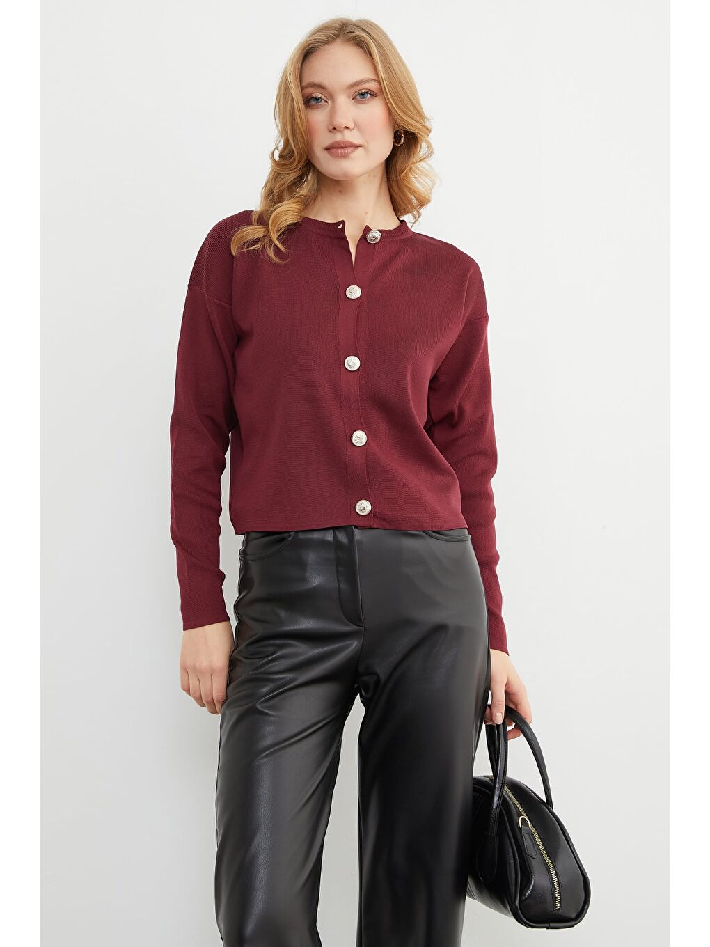 Bordo Basic Düğmeli Bisiklet Yaka Triko Hırka-1