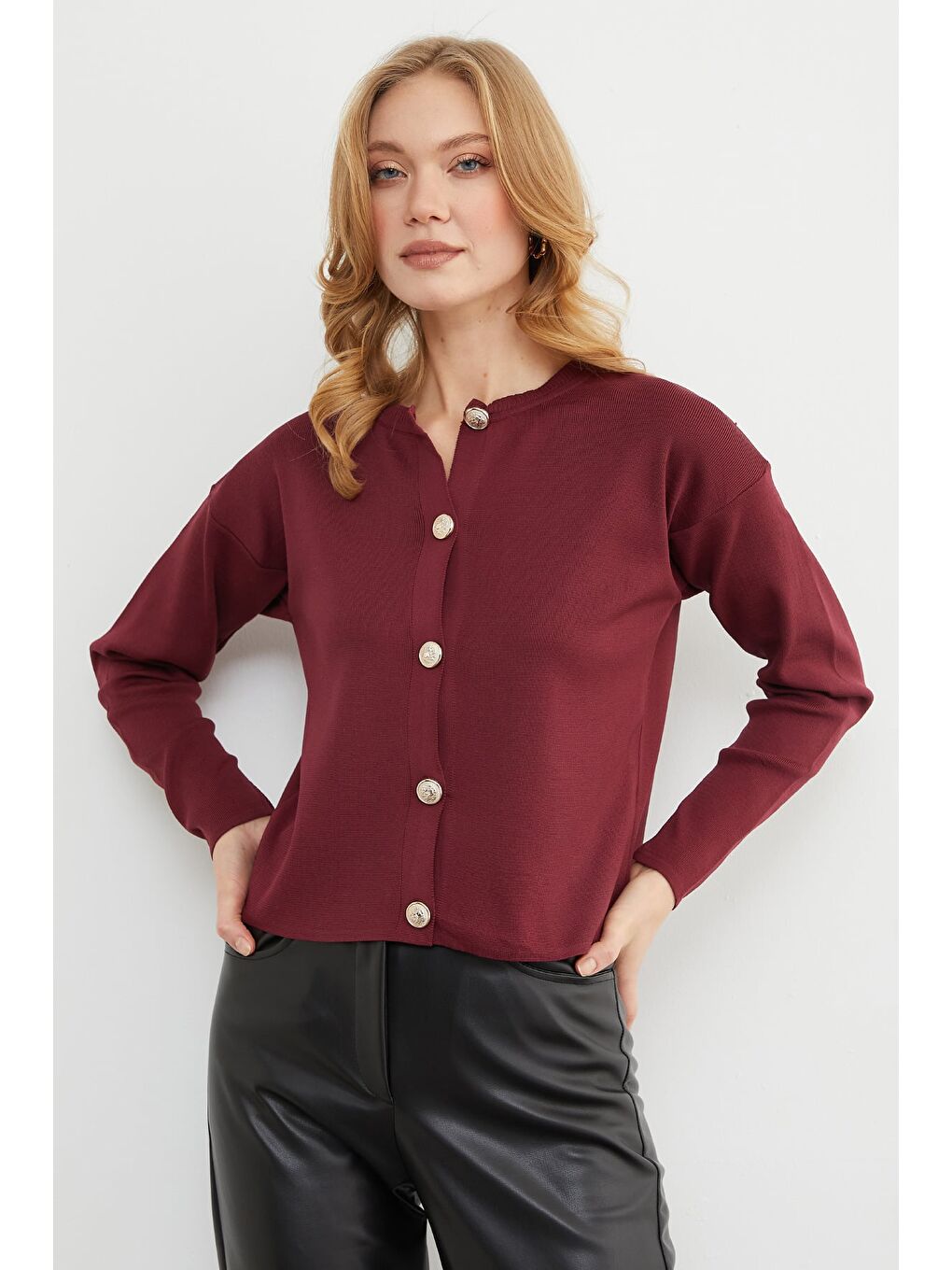 Bordo Basic Düğmeli Bisiklet Yaka Triko Hırka-2