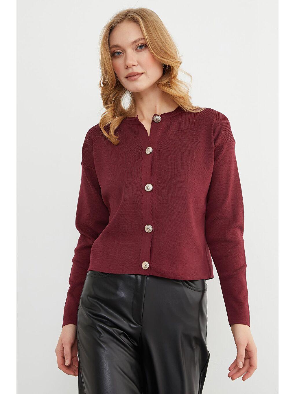 Bordo Basic Düğmeli Bisiklet Yaka Triko Hırka-4