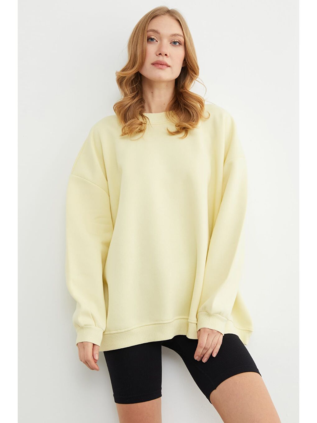 Sarı 3 İplik Basic Oversize Sweatshirt