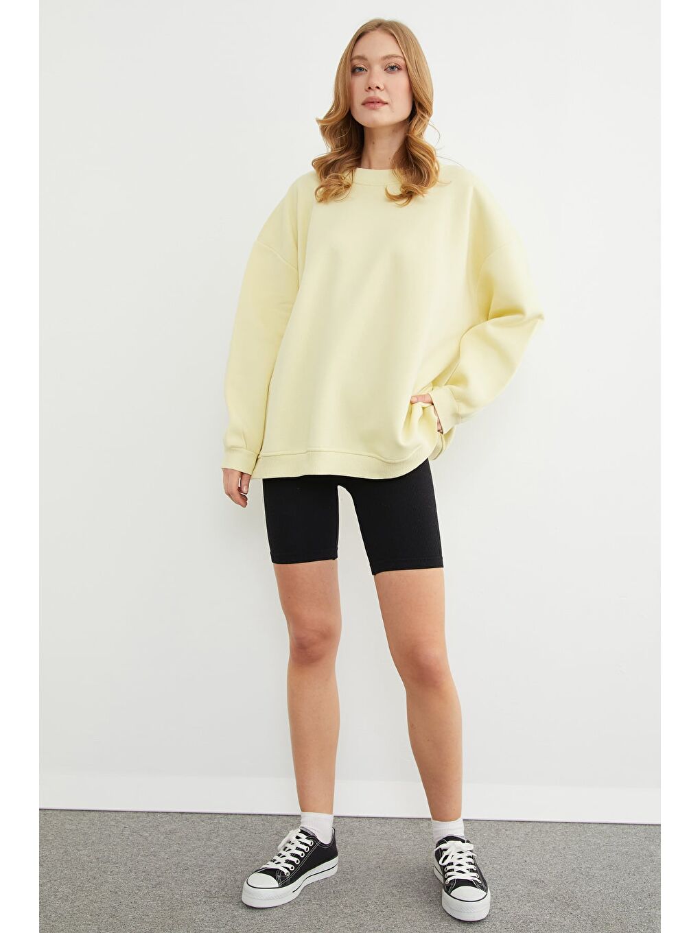 Sarı 3 İplik Basic Oversize Sweatshirt-1