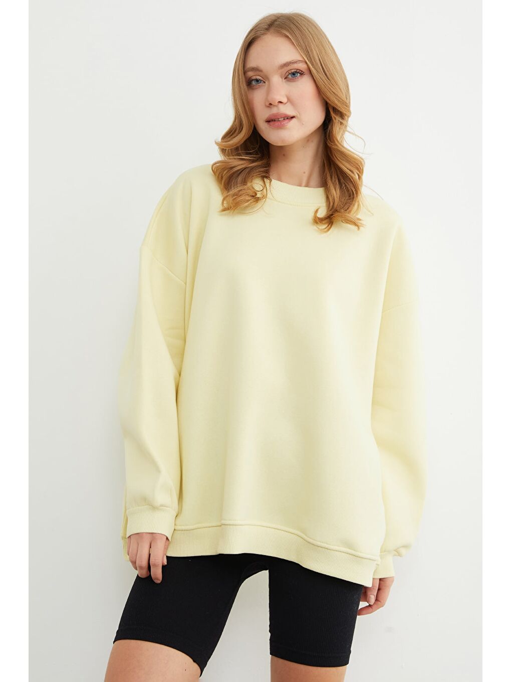 Sarı 3 İplik Basic Oversize Sweatshirt-2