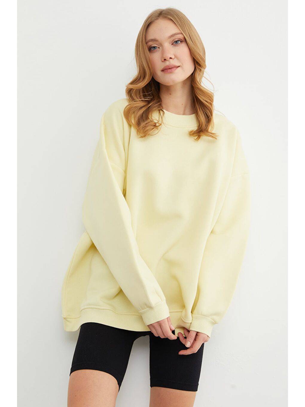 Sarı 3 İplik Basic Oversize Sweatshirt-3