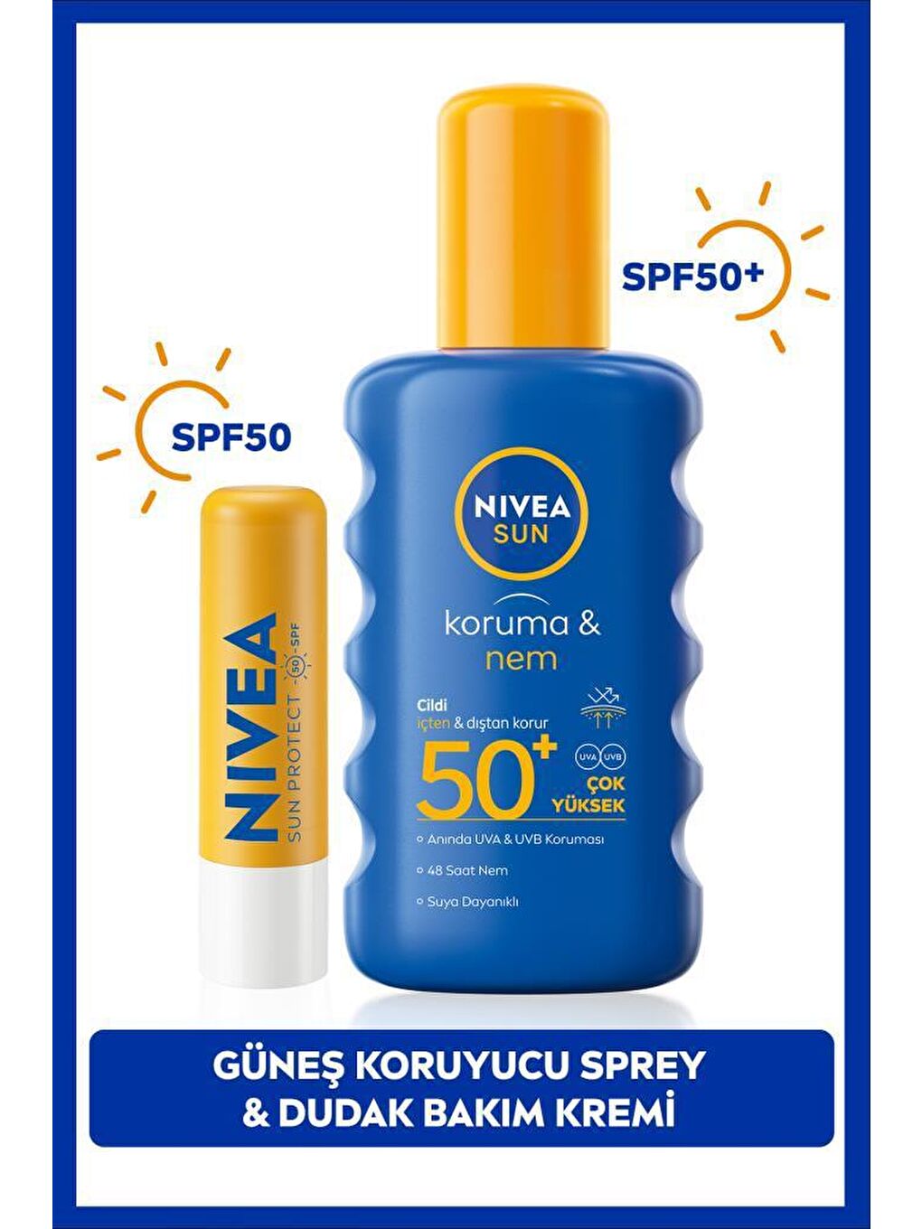 NIVEA SPF 50+ Güneş Koruyucu Sprey 200 ml ve SPF 50+ Yüksek Güneş Korumalı Dudak Bakım Kremi 4.8 g