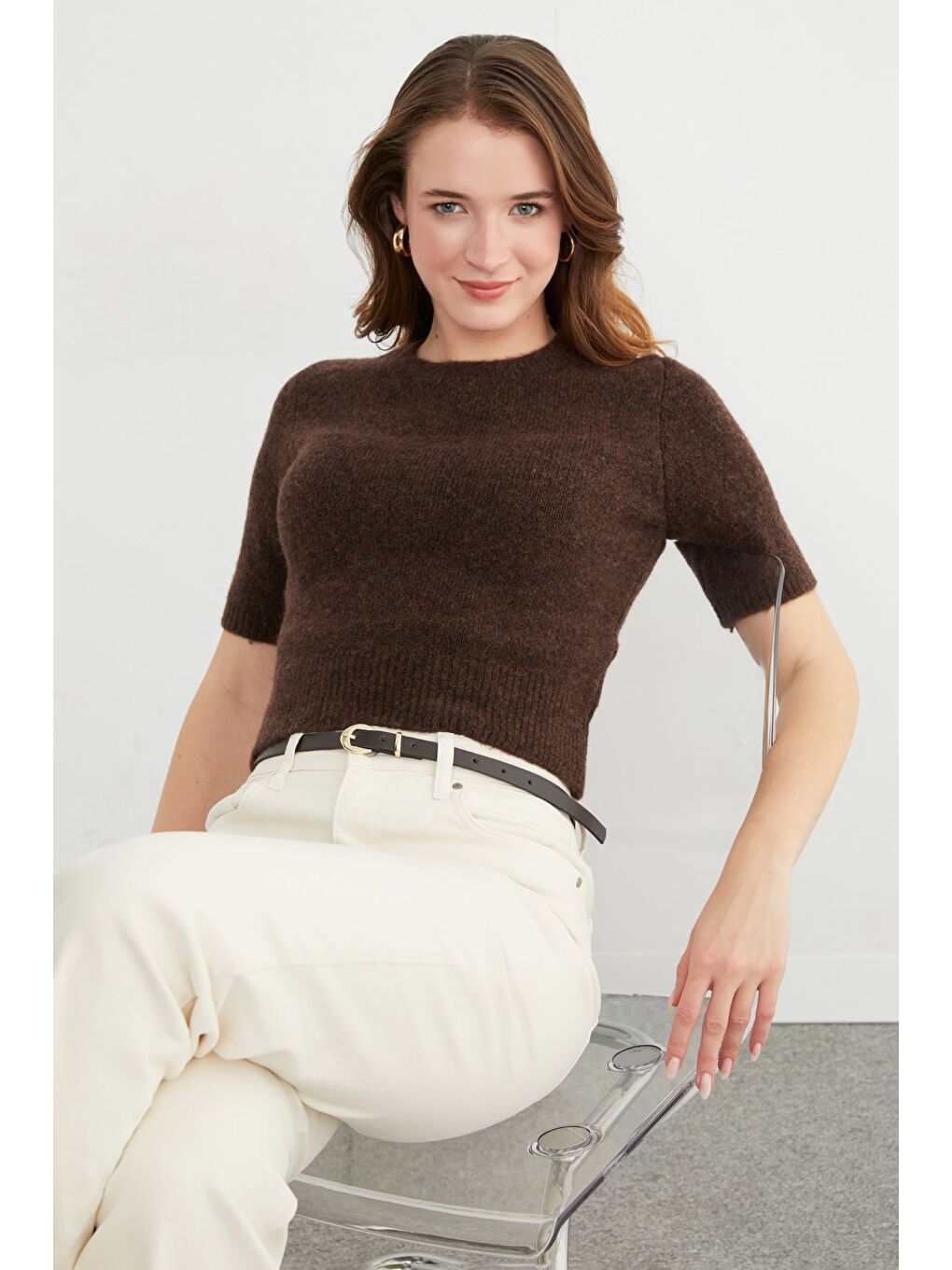 Kahverengi Basic Bisiklet Yaka Kısa Kol Triko Kazak