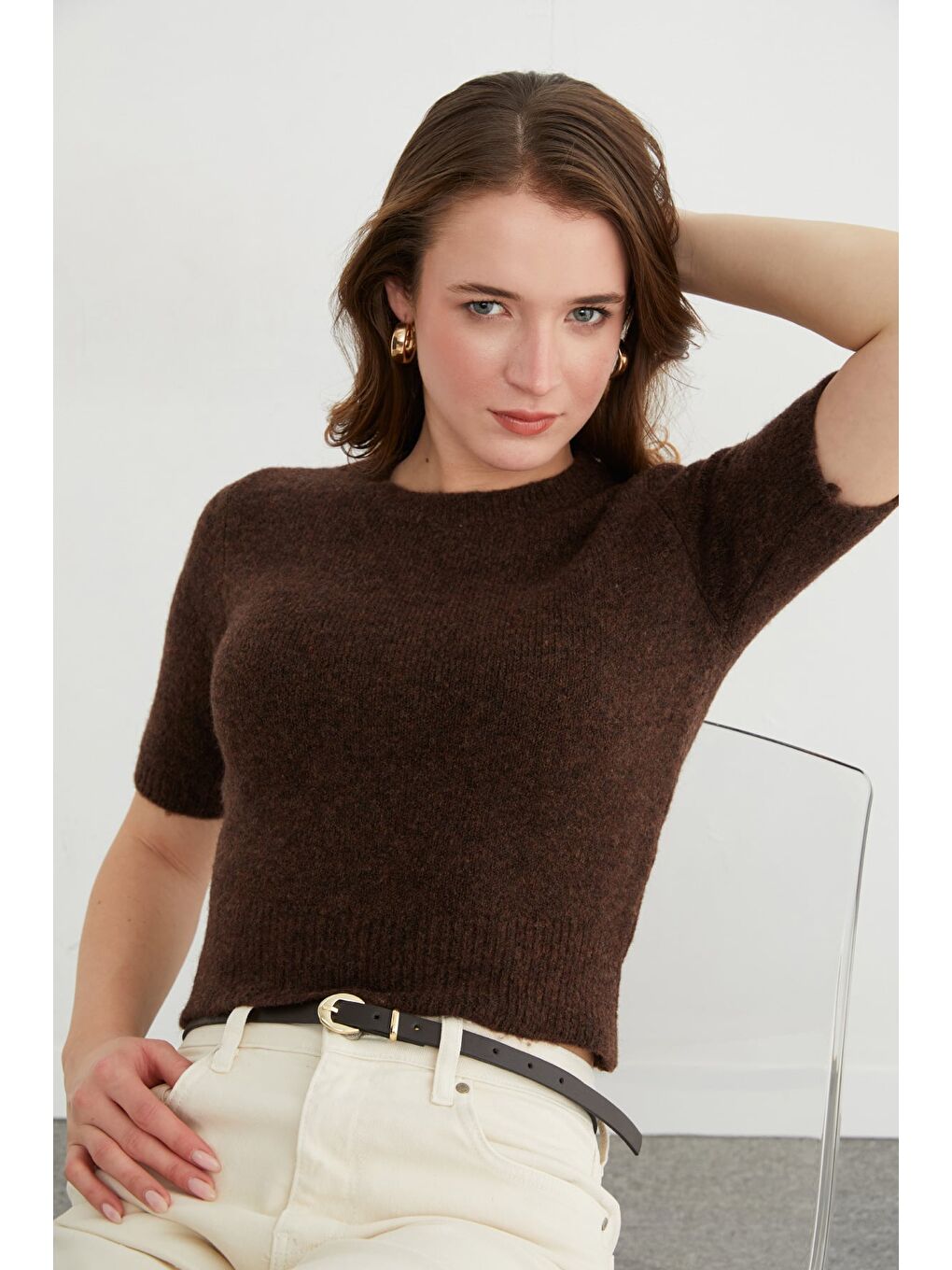 Kahverengi Basic Bisiklet Yaka Kısa Kol Triko Kazak-1