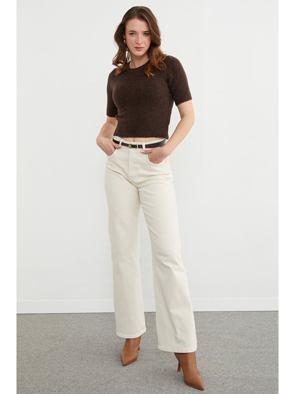 Kahverengi Basic Bisiklet Yaka Kısa Kol Triko Kazak-2