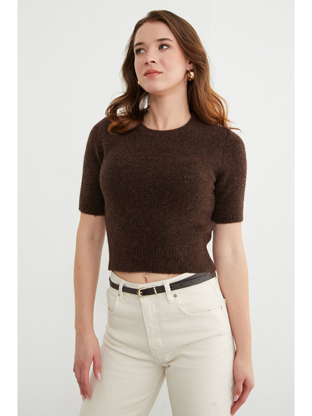 Kahverengi Basic Bisiklet Yaka Kısa Kol Triko Kazak-3