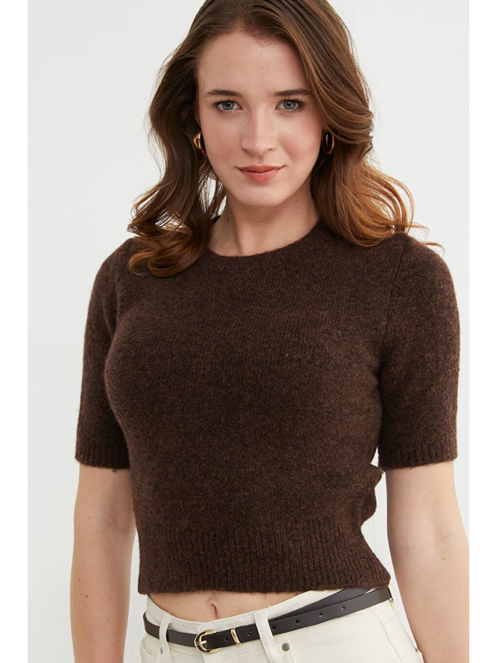 Kahverengi Basic Bisiklet Yaka Kısa Kol Triko Kazak-4