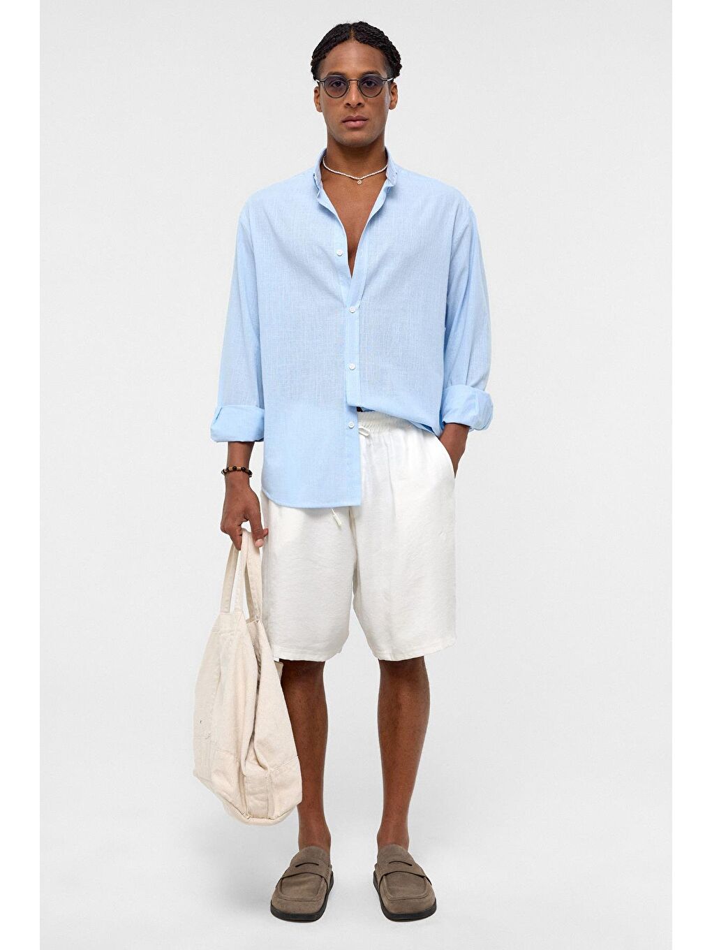 Basic Oversize Pamuk Keten Gömlek Bebe Mavi