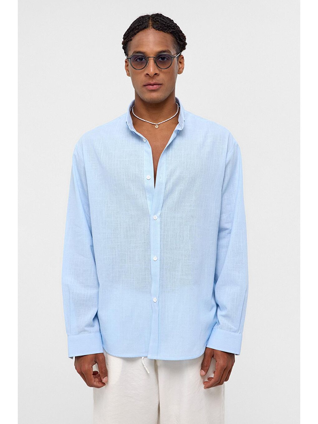 Basic Oversize Pamuk Keten Gömlek Bebe Mavi-1