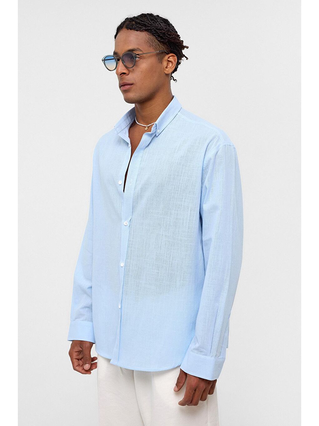 Basic Oversize Pamuk Keten Gömlek Bebe Mavi-2