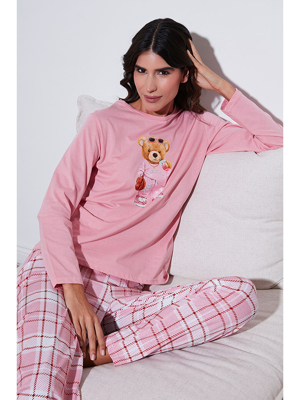 Pembe Pamuklu Regular Fit Baskılı Bisiklet Yaka Pijama Takımı 65723314