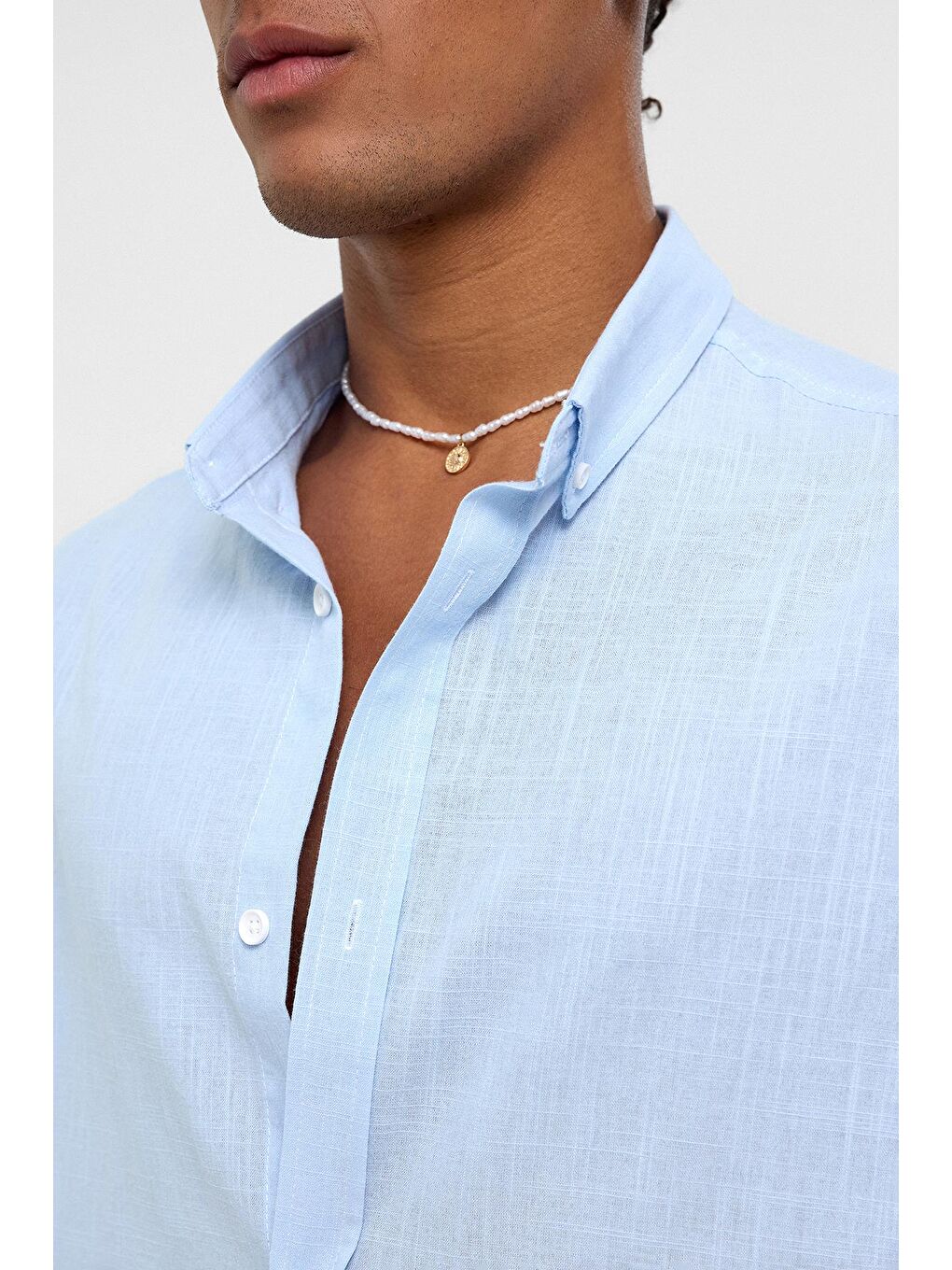 Basic Oversize Pamuk Keten Gömlek Bebe Mavi-4