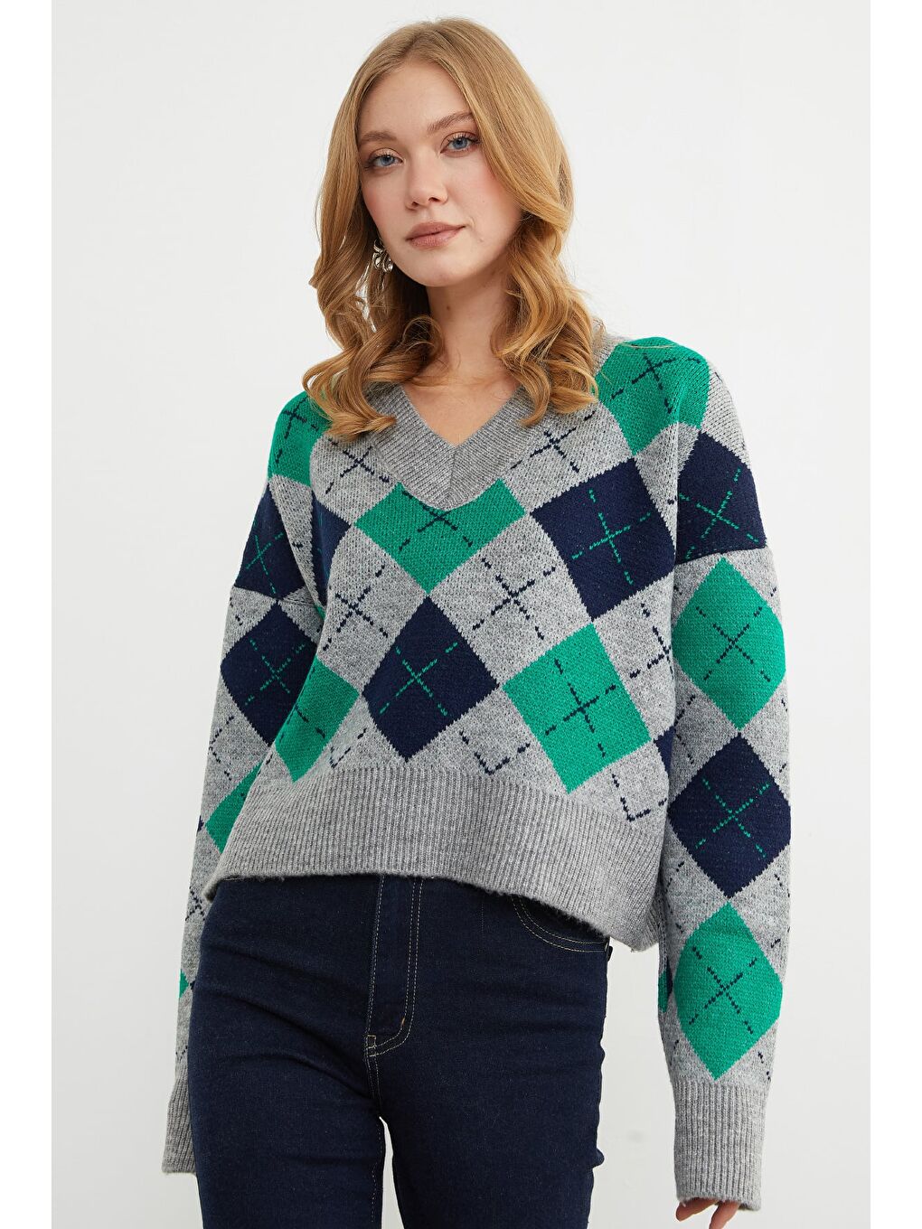 Yeşil Baklava Desenli V Yaka Triko Kazak-4