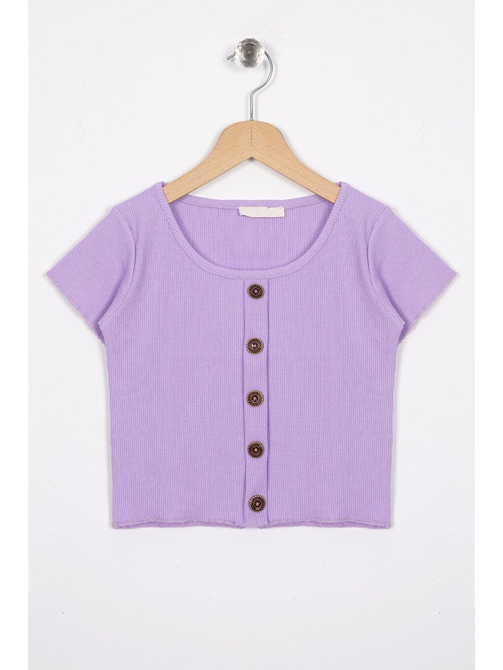Bisiklet Yaka Kısa Kol Fitilli Lila Renk Kız Çocuk Tshirt