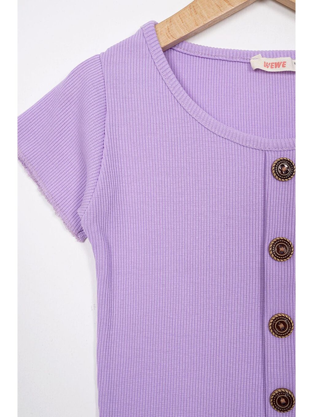 Bisiklet Yaka Kısa Kol Fitilli Lila Renk Kız Çocuk Tshirt-1